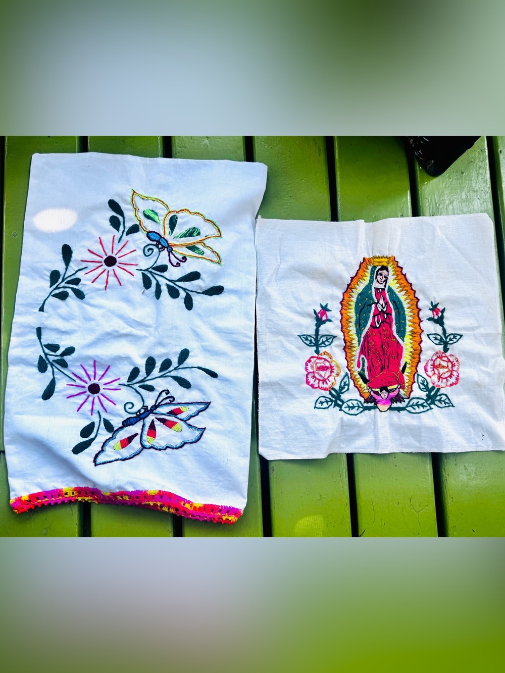 Embroidered Mexican Folk Art — Colorful Butterfly & Virgen de Guadalupe